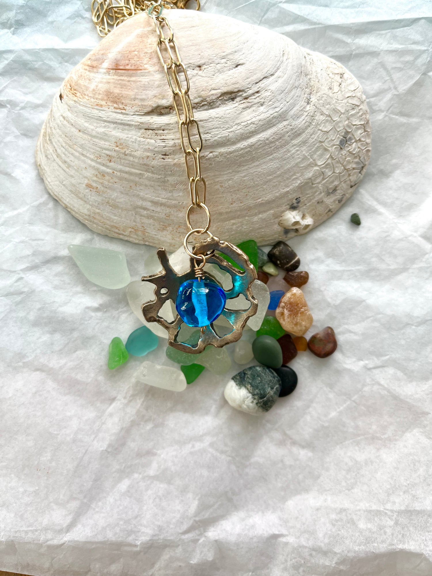 Seashell, beach glass and bronze artisan necklace