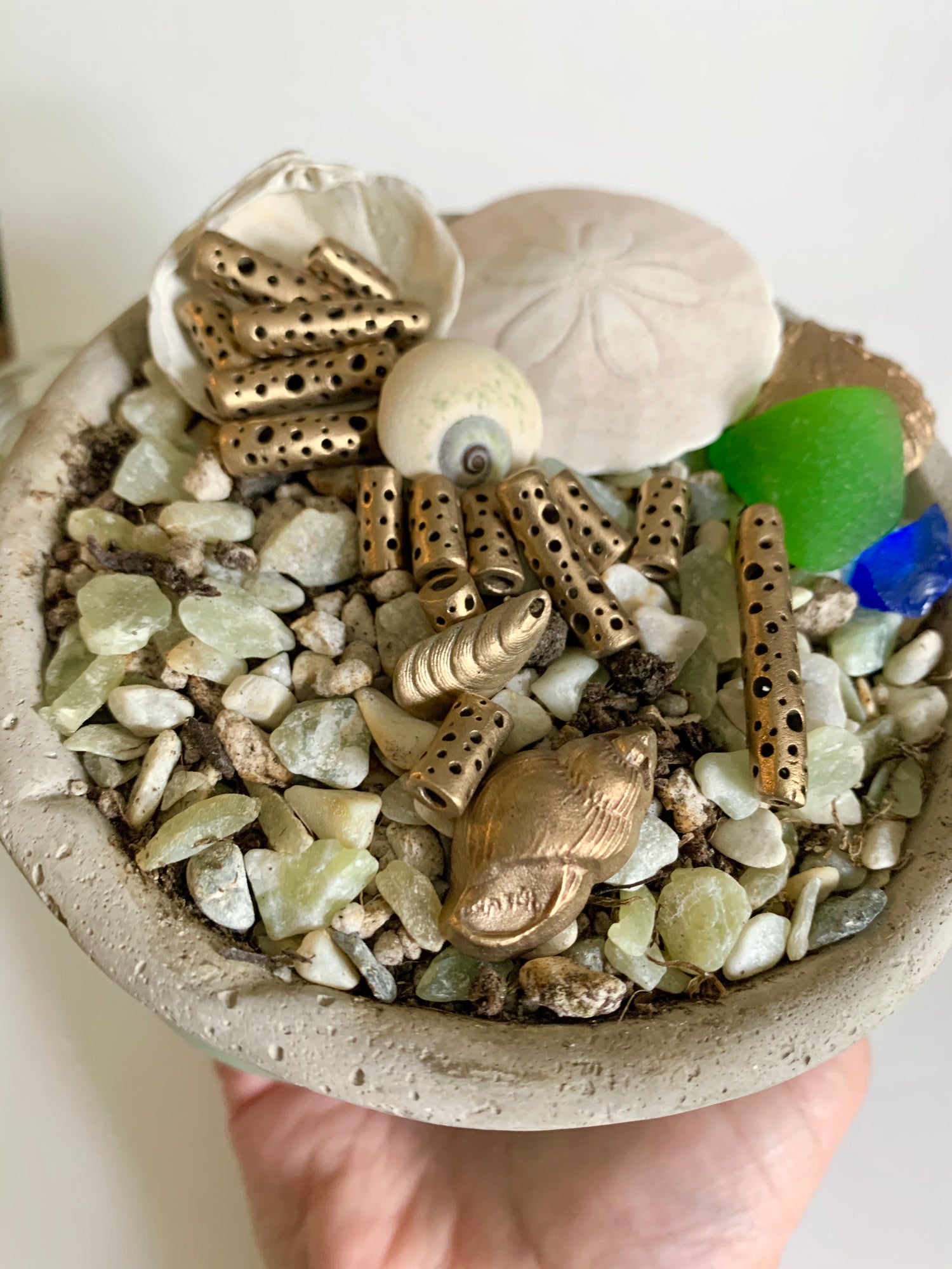 Bronze artisan carved beads with shells and seaglass