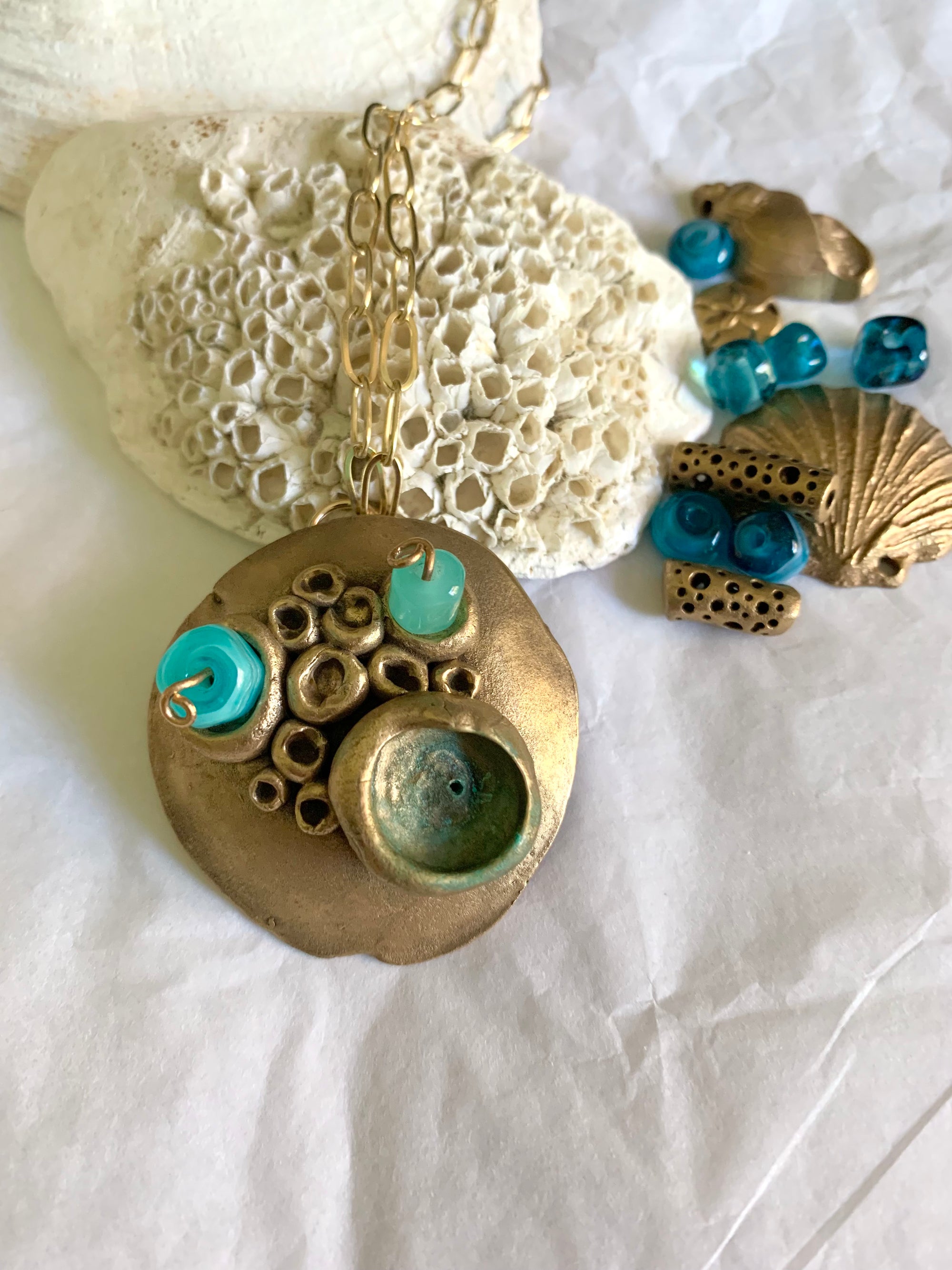 Bronze and glass artisan made ocean inspired necklace