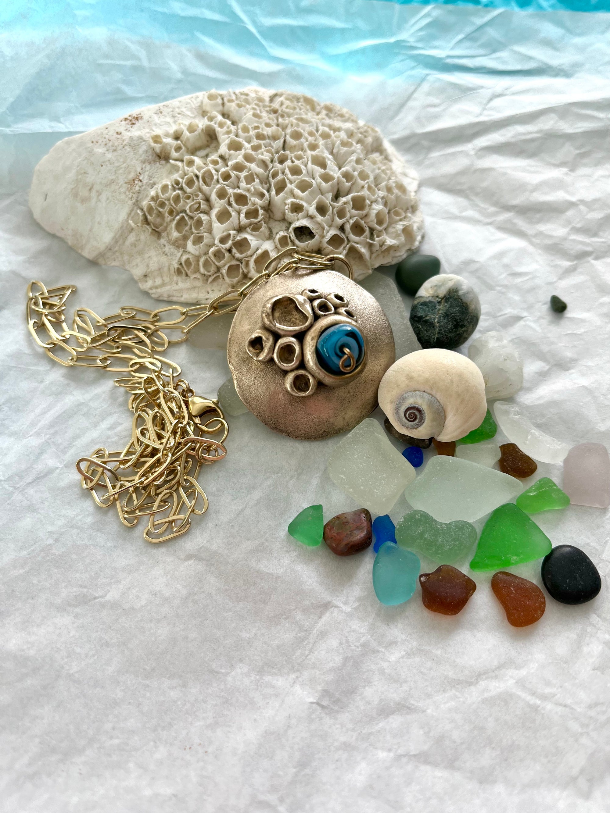 Seaglass with bronze necklace and seashells