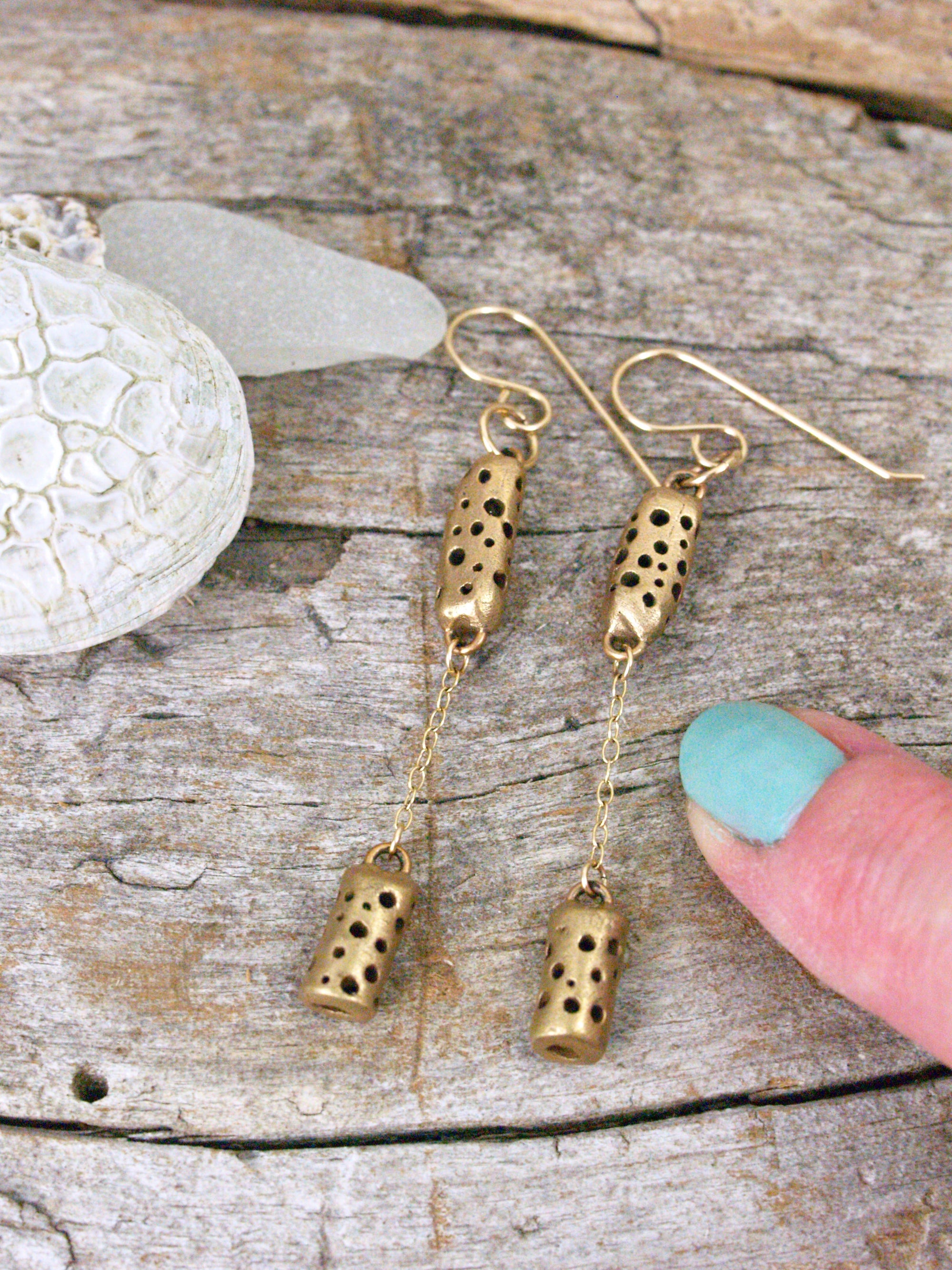 Sea shell and bronze art bead earrings