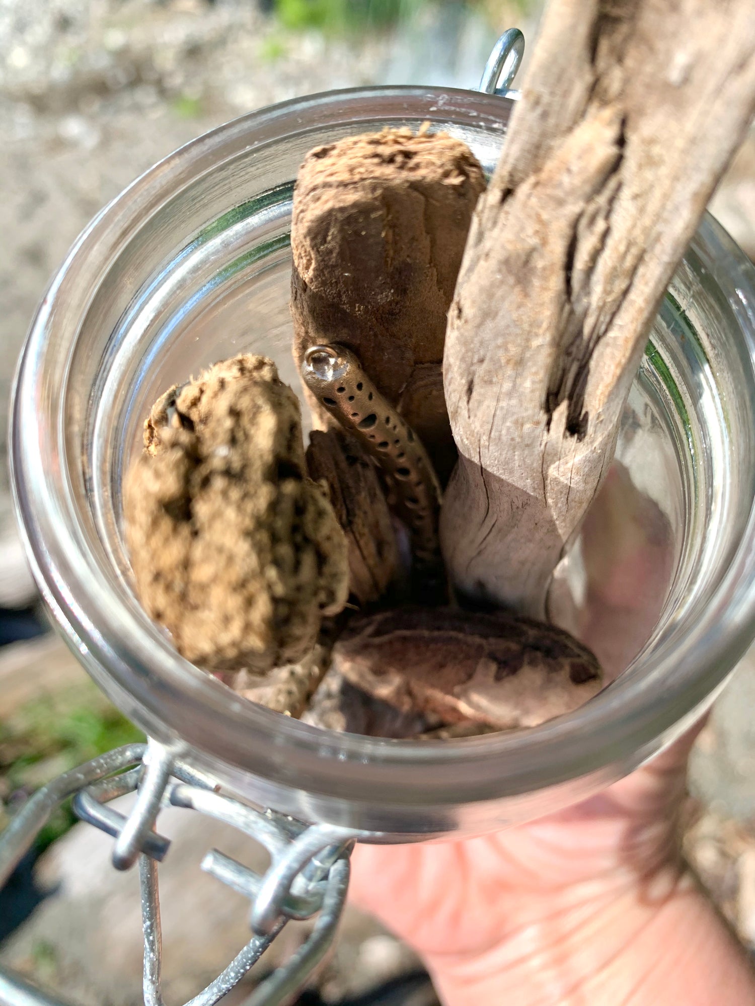 Jar with bronze art bead and driftwood sticks