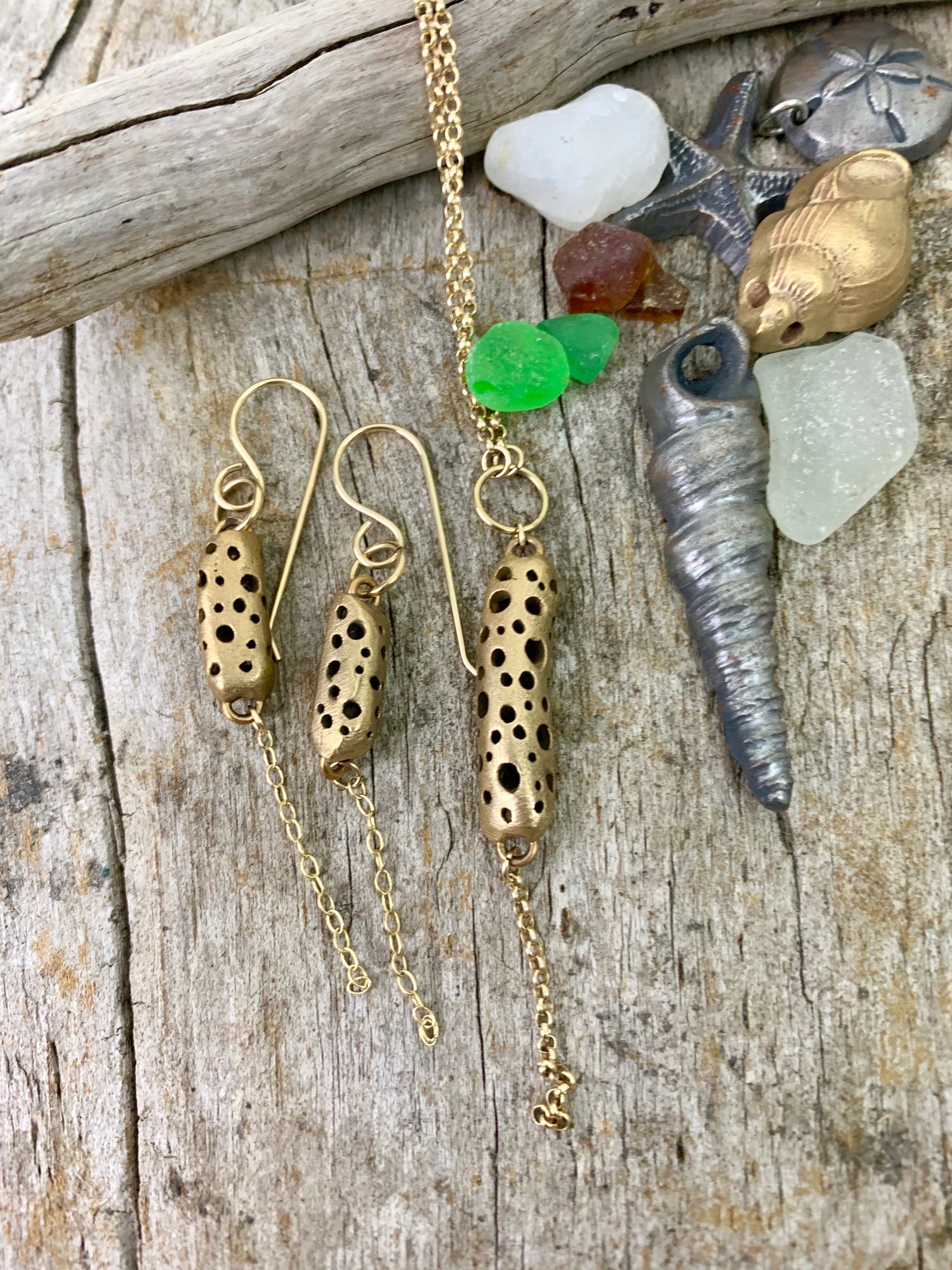 Seaglass and bronze handmade art jewelry