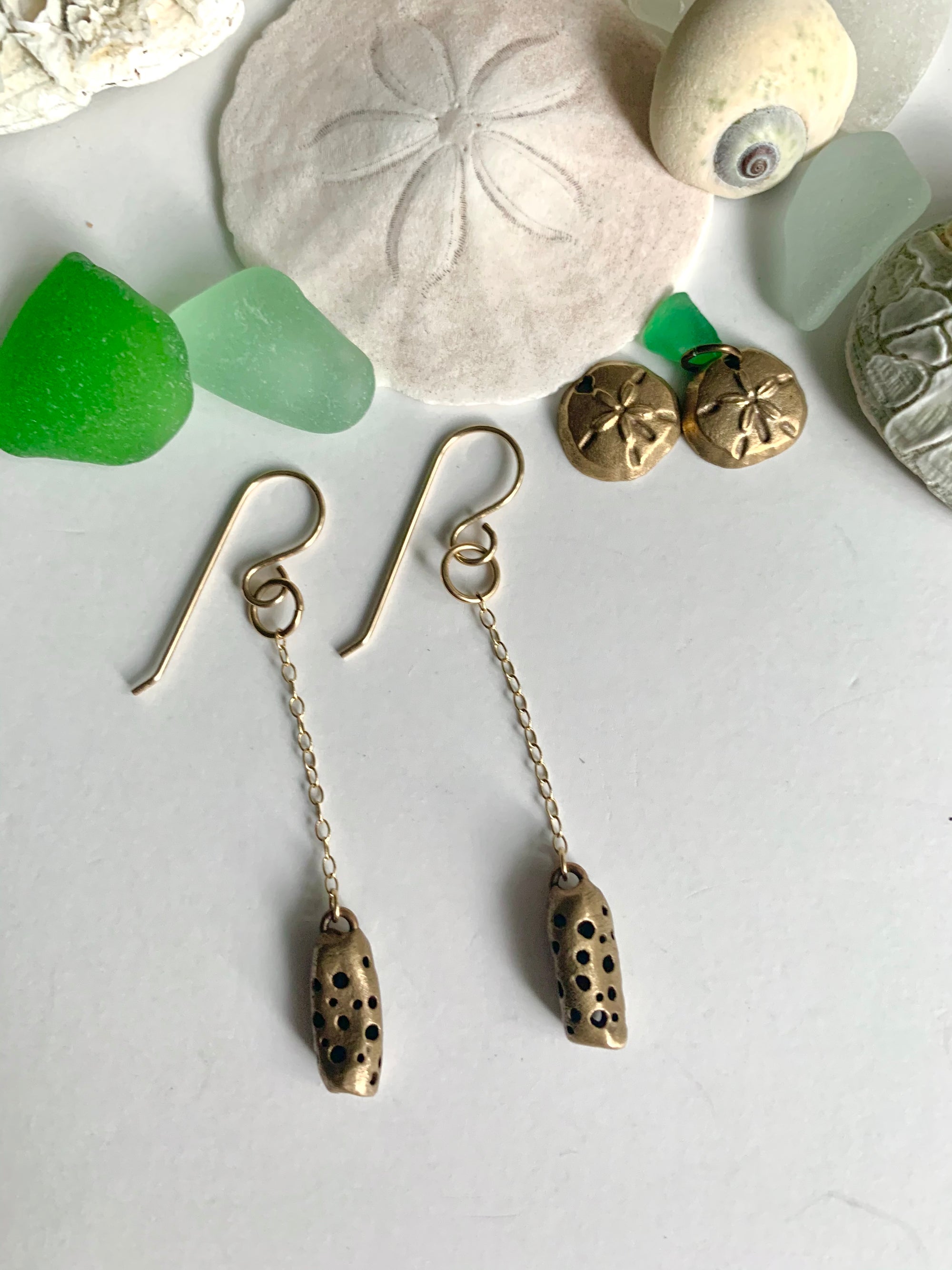 Bronze handmade earrings with seashells and sea glass