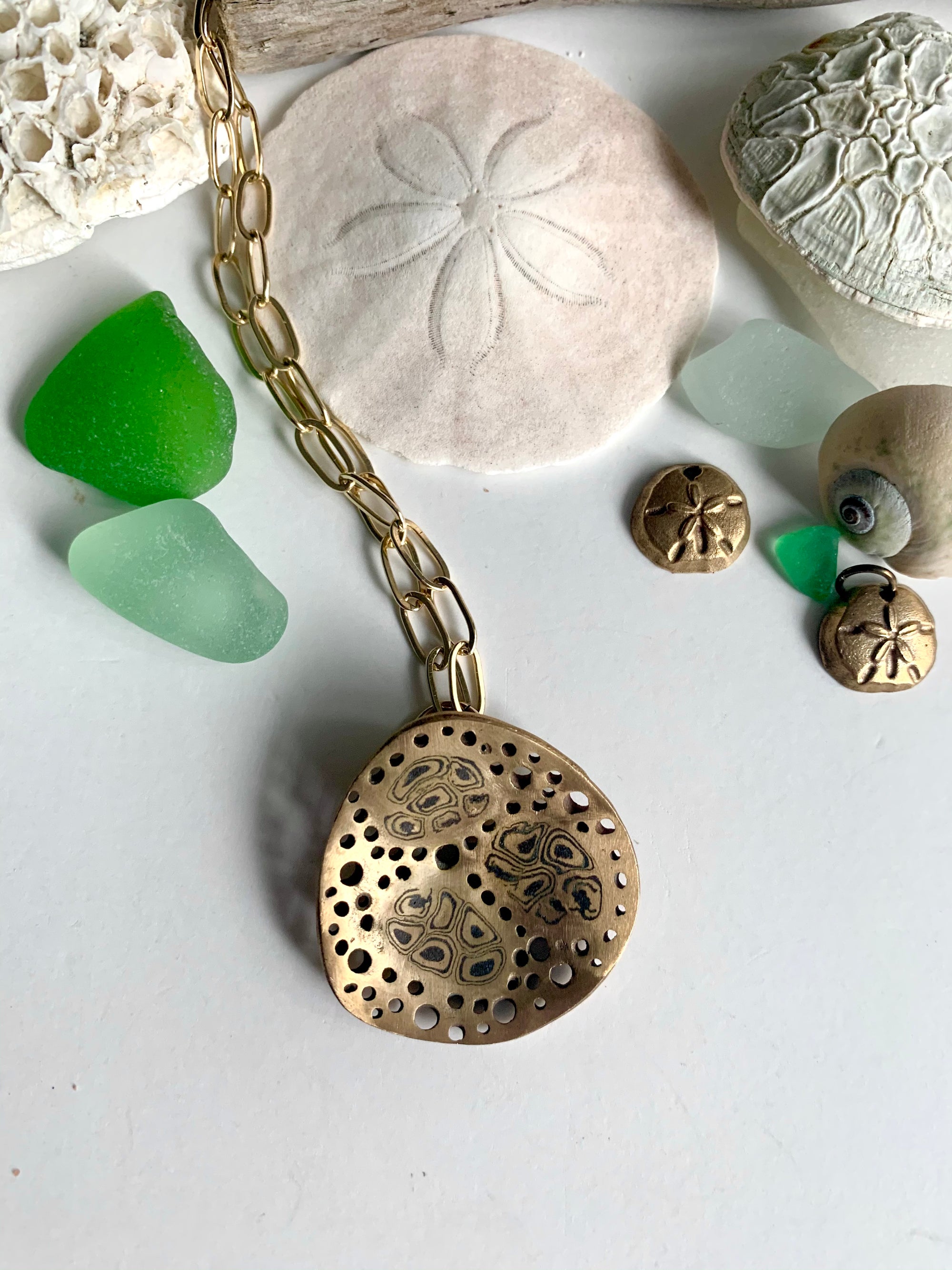 Green sea glass seashells and unique artisan made necklace