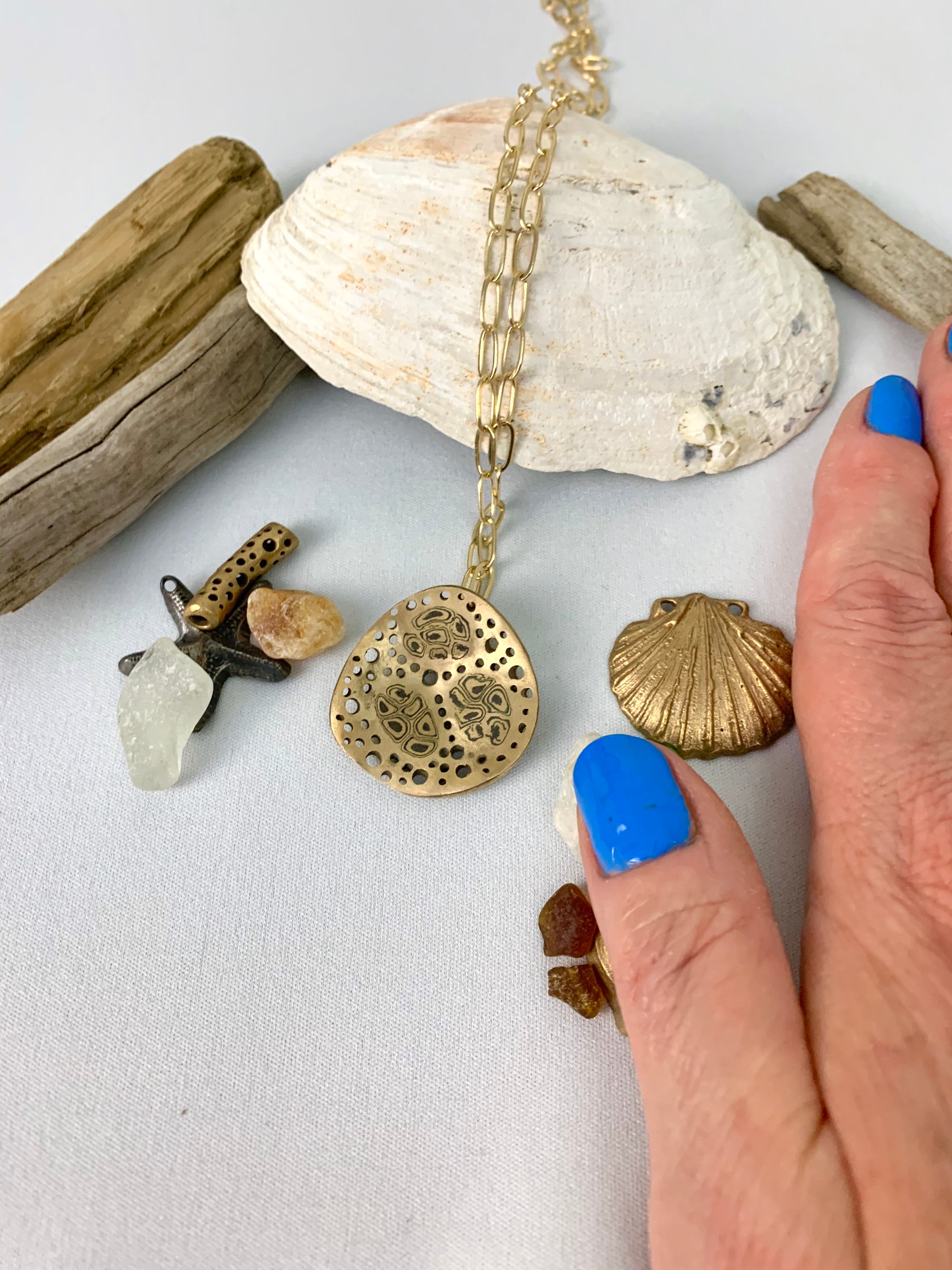 Seashells driftwood and bronze art jewelry
