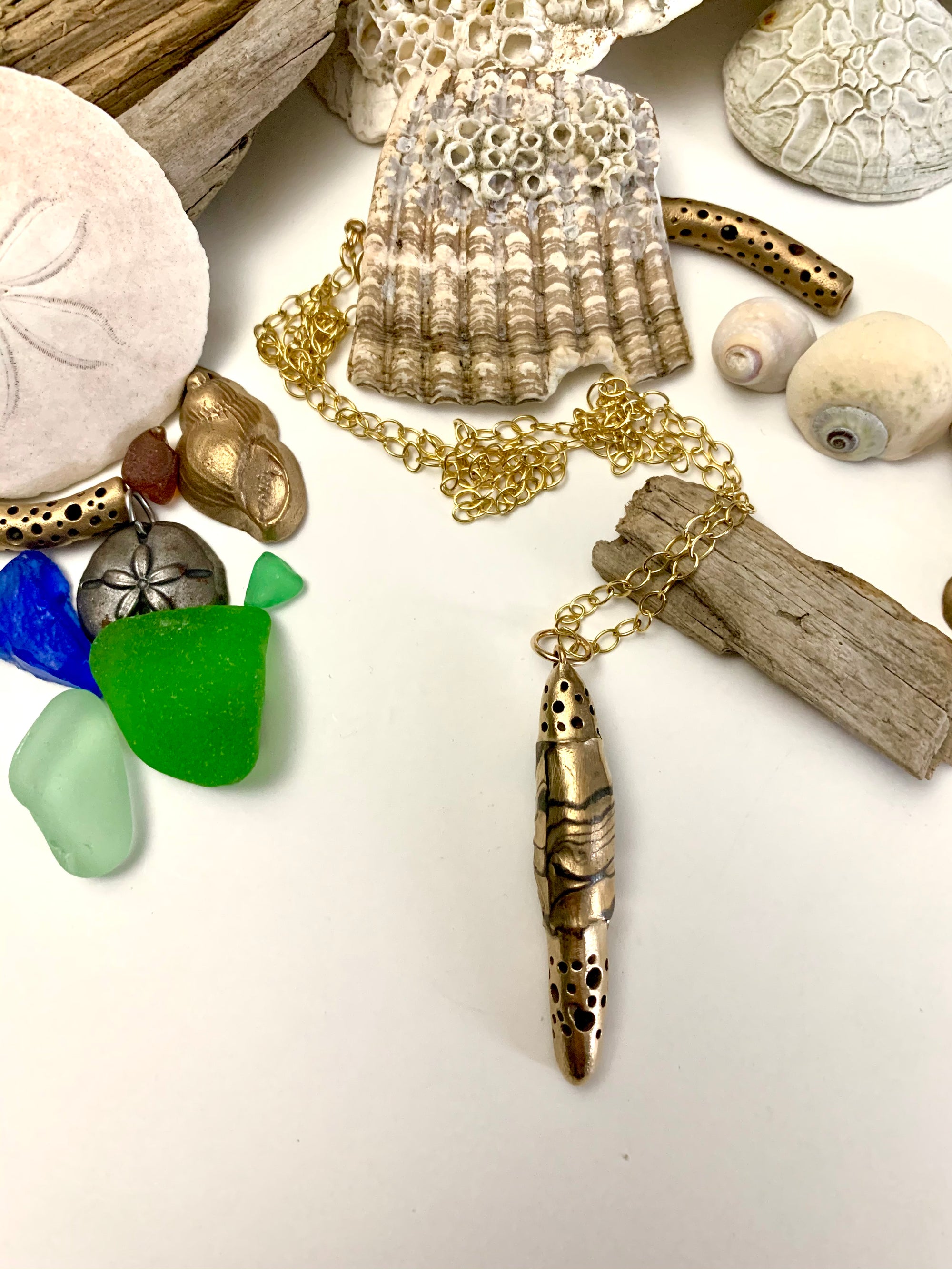 Sea shells with sea glass and bronze art jewelry