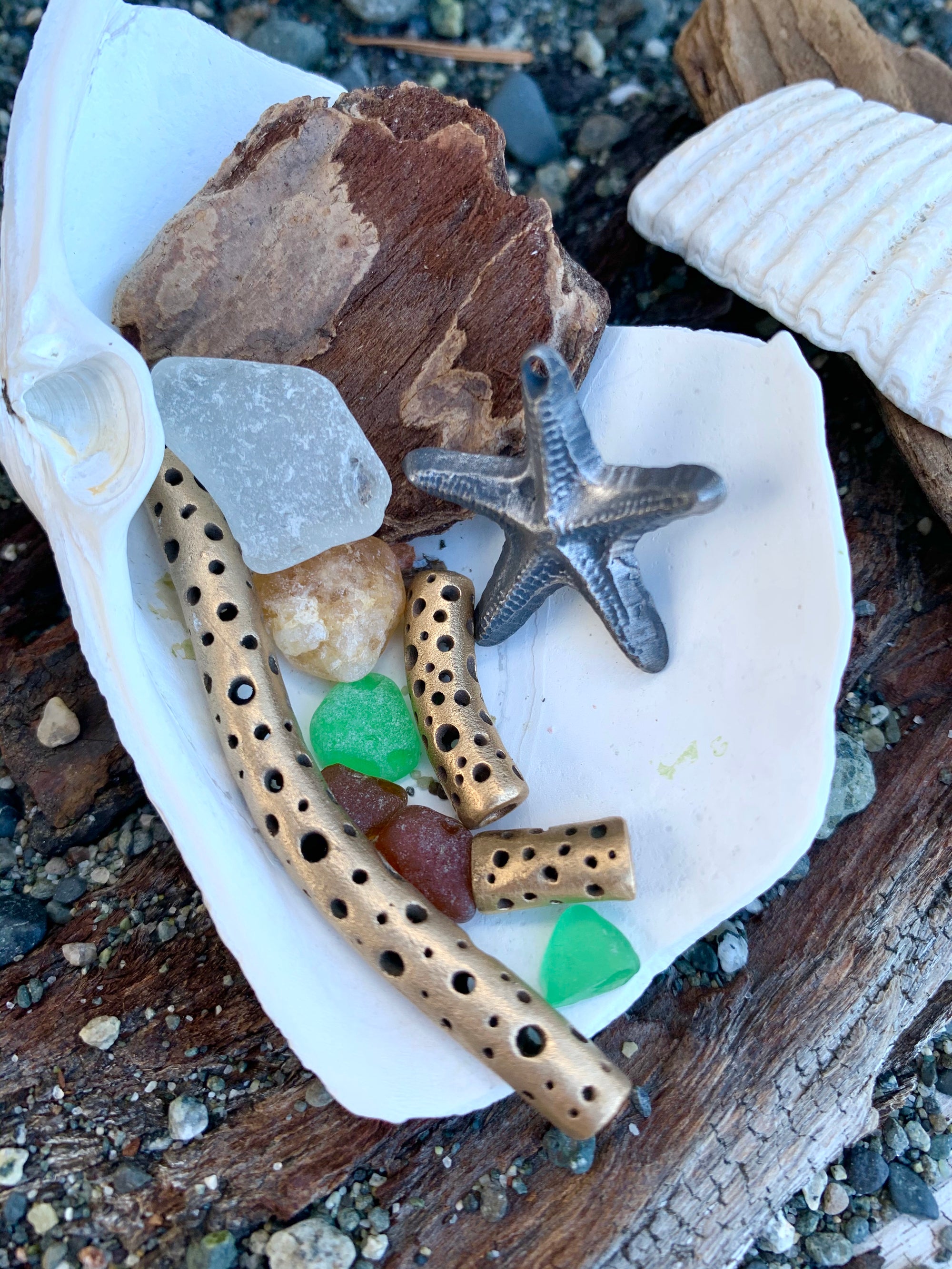 Beach combing treasure of shells and sea glass